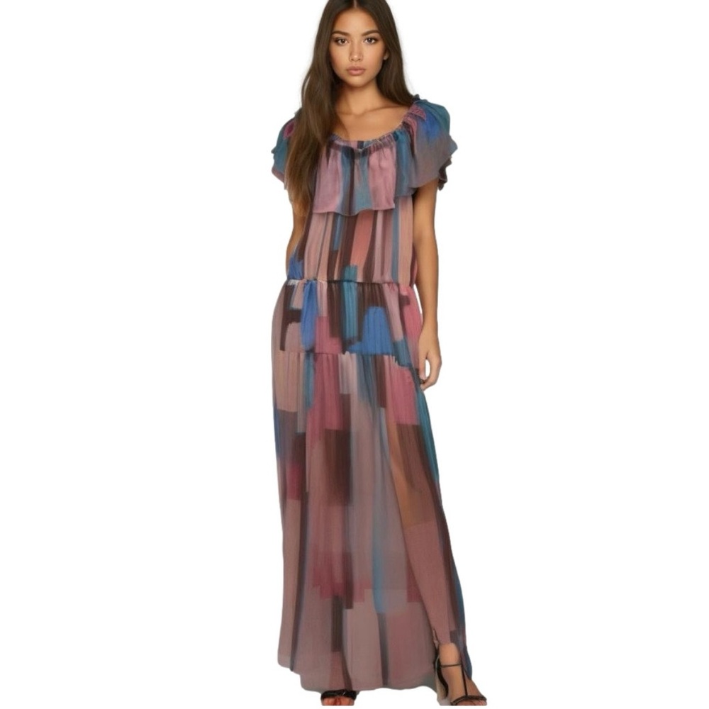 Willa Story Boutique Adeline‎ Printed Ruffle Maxi Dress Abstract Print